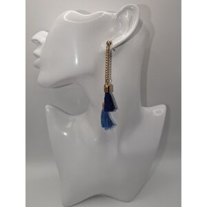Handmade Navy & Light Blue Tassel Gold Chain Dangle Earrings 4" NEW (Pair #2)